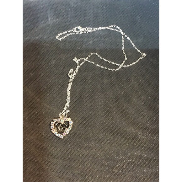 Fashion Double G Heart Clear Stones Charm On 20” .925 Silver Dainty Necklace GUC - Picture 8 of 9